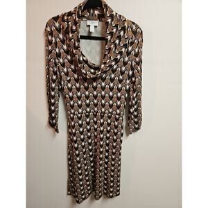 Ann Taylor LOFT Copper Geometric Cowl Neck Midi Dress SZ 4 | 3/4 Sleeve Stretch
